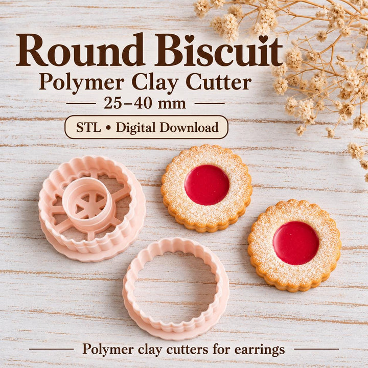 Round Biscuit Polymer Clay Cutter STL, Linzer Jam Cookie Earring Tool, Scalloped Circle Cutter, Digital Download, Sizes 25–40 mm