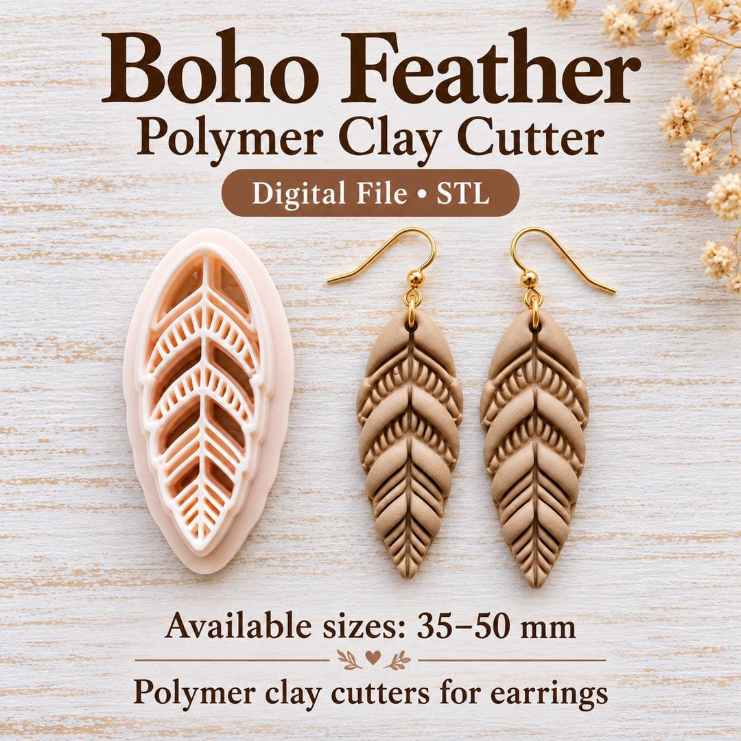 Boho Feather Polymer Clay Cutter STL, Feather Earring Cutter, 3D Printable Jewelry Tool, Digital Download, Sizes 35–50 mm
